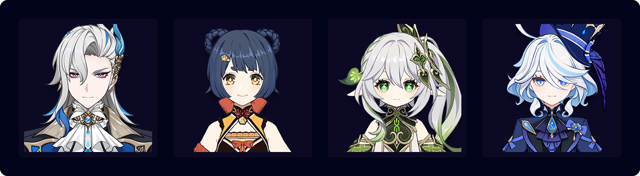 Neuvillette — Xiangling  — Nahida — Furina